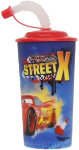 Kubek, bidon z pokrywką i ze słomką Auta Cars, 3D. Niebieski